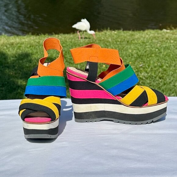 PRADA Peep Toe Platform Multi Strap Multi Color Bandage Slingback Wedge NEW 36 - Picture 10 of 13